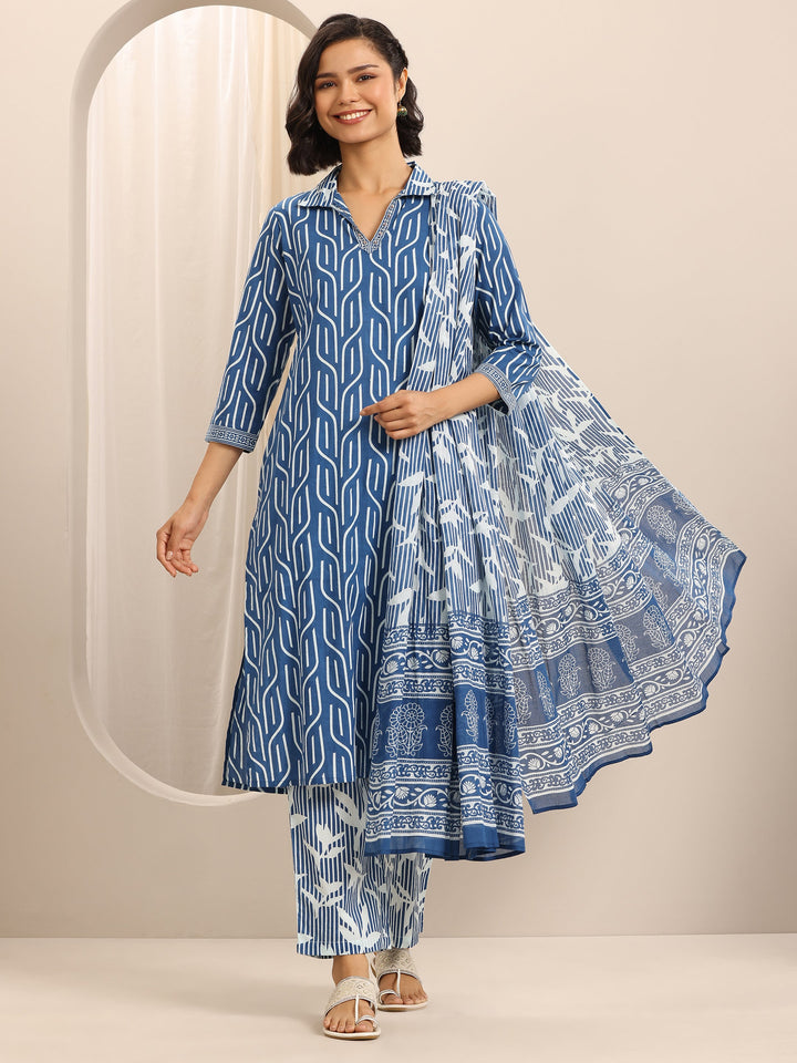 Blue Printed Cotton Blend Straight Suit Set With Dupatta