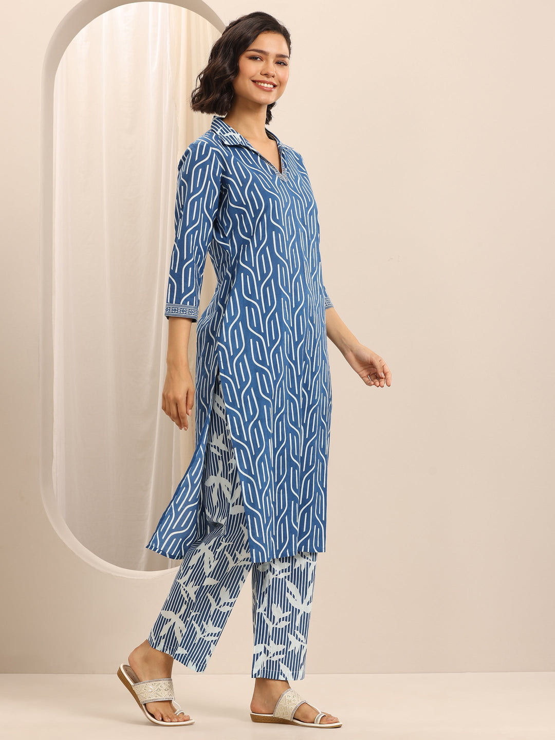Blue Printed Cotton Blend Straight Suit Set With Dupatta