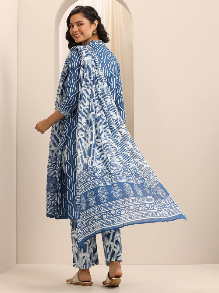 Blue Printed Cotton Blend Straight Suit Set With Dupatta