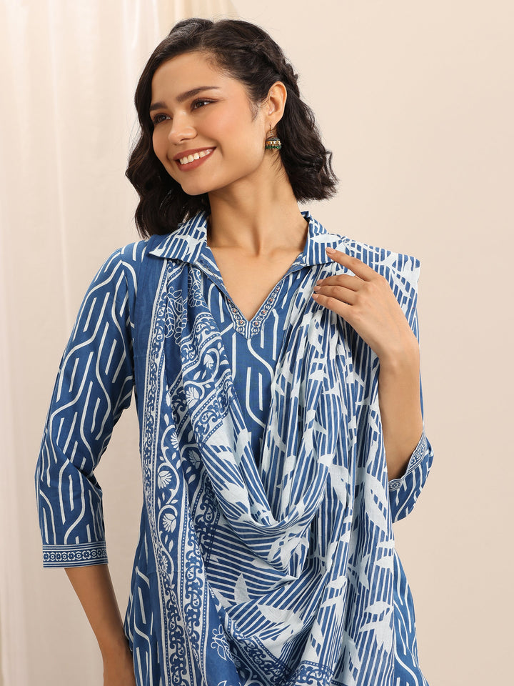 Blue Printed Cotton Blend Straight Suit Set With Dupatta