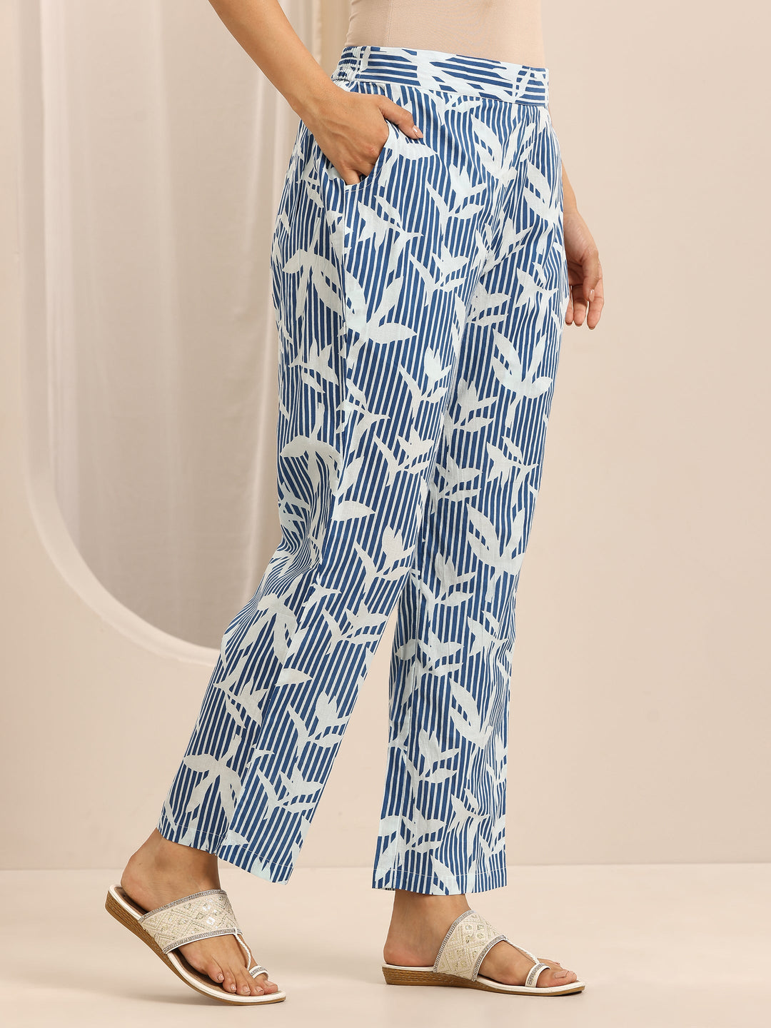 Blue Printed Cotton Blend Straight Suit Set With Dupatta