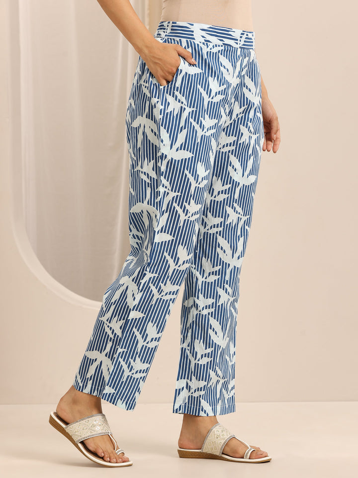 Blue Printed Cotton Blend Straight Suit Set With Dupatta