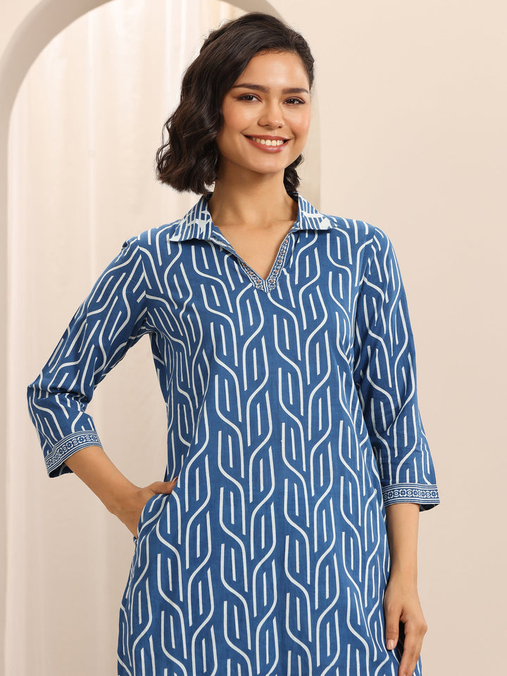 Blue Printed Cotton Blend Straight Suit Set With Dupatta