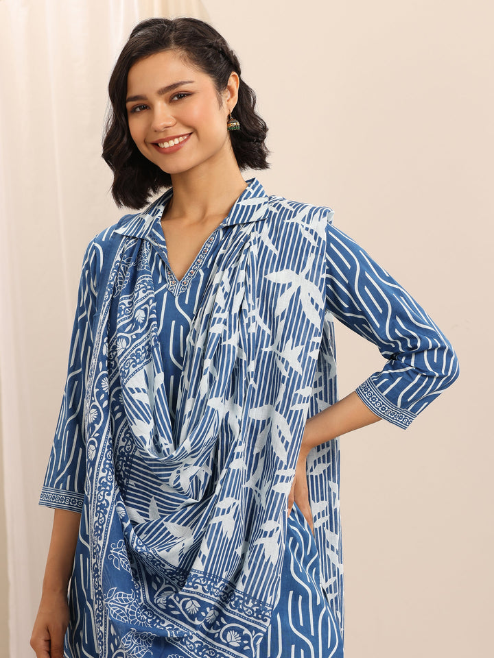 Blue Printed Cotton Blend Straight Suit Set With Dupatta