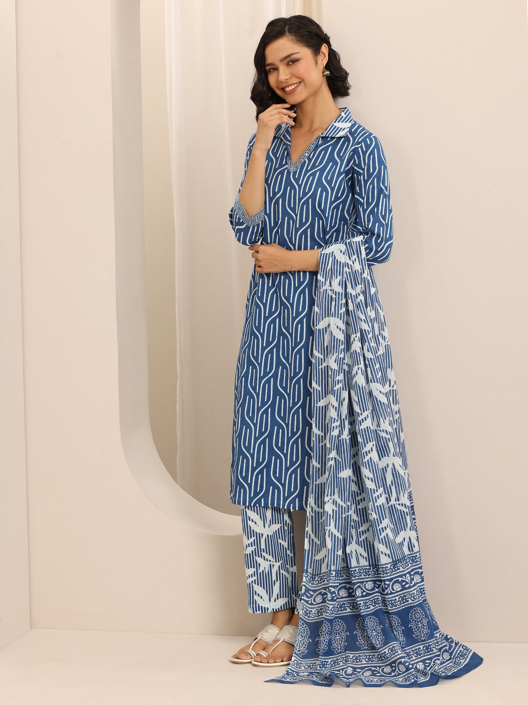 Blue Printed Cotton Blend Straight Suit Set With Dupatta