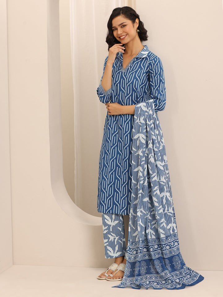 Blue Printed Cotton Blend Straight Suit Set With Dupatta