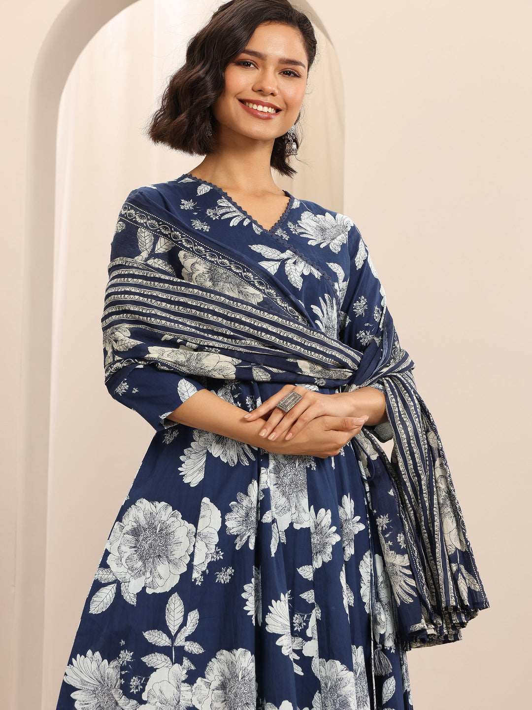Dark Blue Printed Cotton Blend Anarkali Suit Set With Dupatta