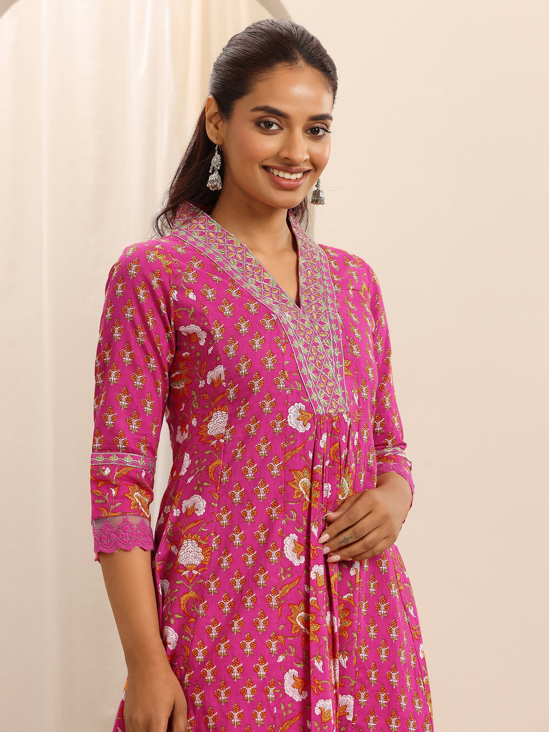 Pink Printed Cotton Blend A-line Suit Set With Dupatta