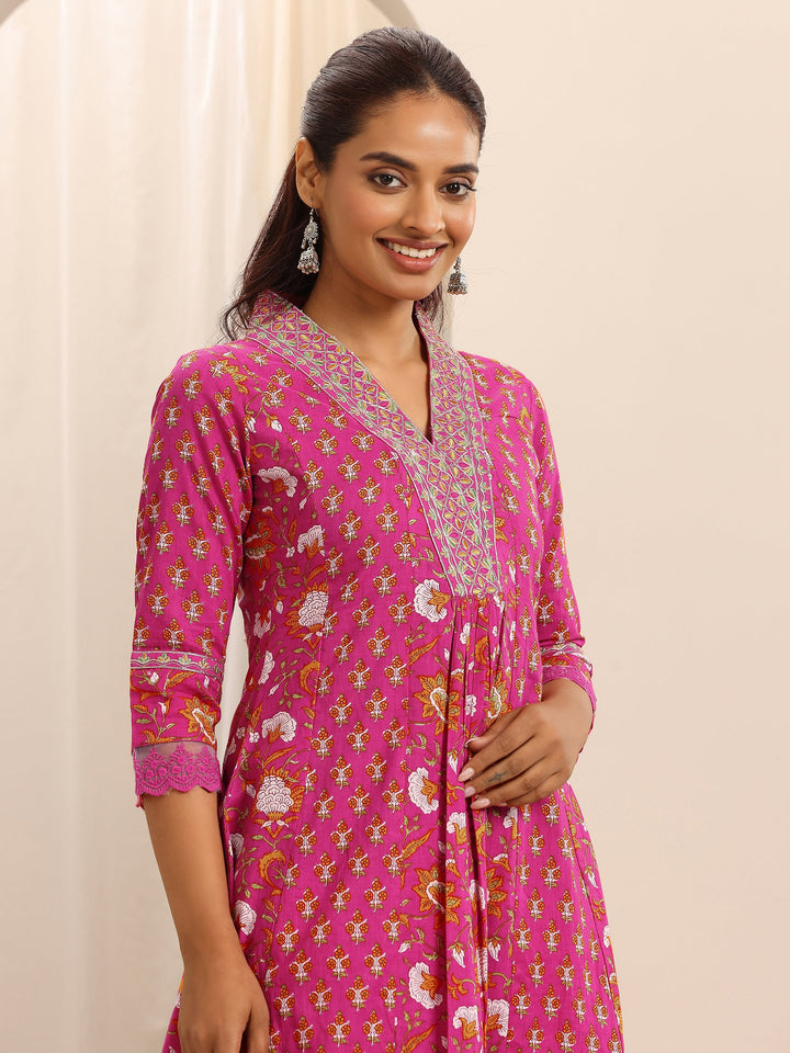 Pink Printed Cotton Blend A-line Suit Set With Dupatta