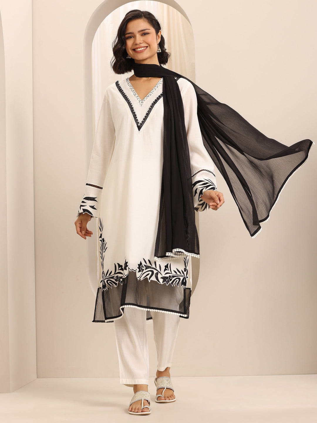White Embroidered Silk Blend Straight Suit Set With Dupatta