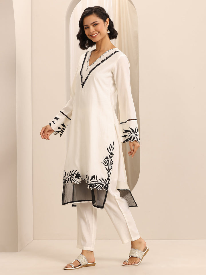 White Embroidered Silk Blend Straight Suit Set With Dupatta