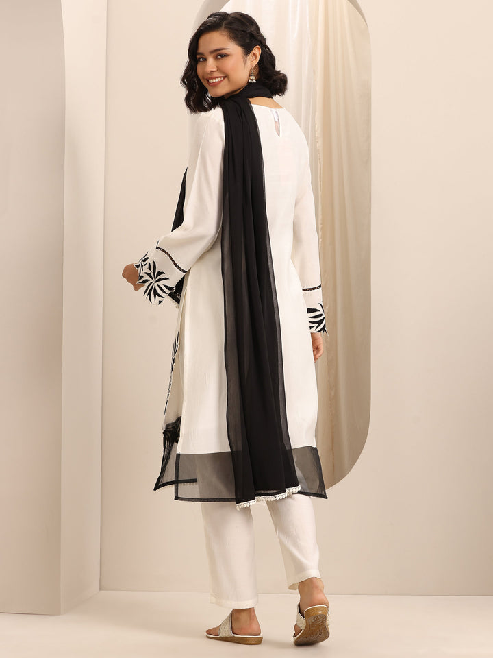 White Embroidered Silk Blend Straight Suit Set With Dupatta