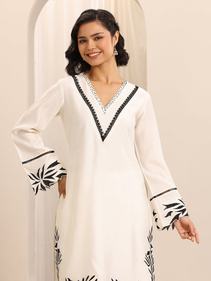 White Embroidered Silk Blend Straight Suit Set With Dupatta