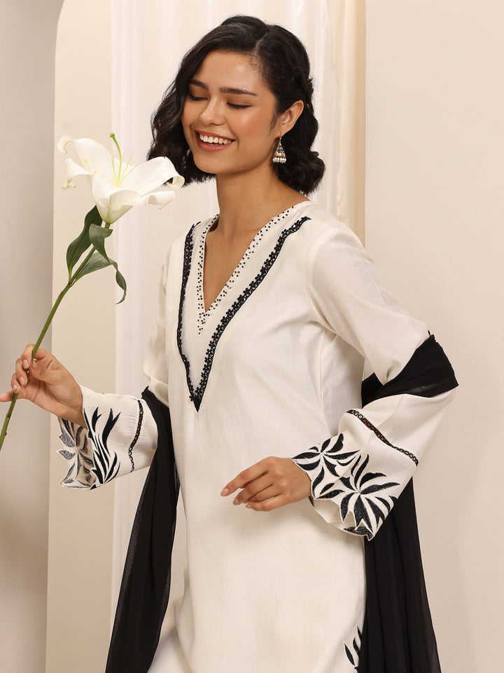 White Embroidered Silk Blend Straight Suit Set With Dupatta