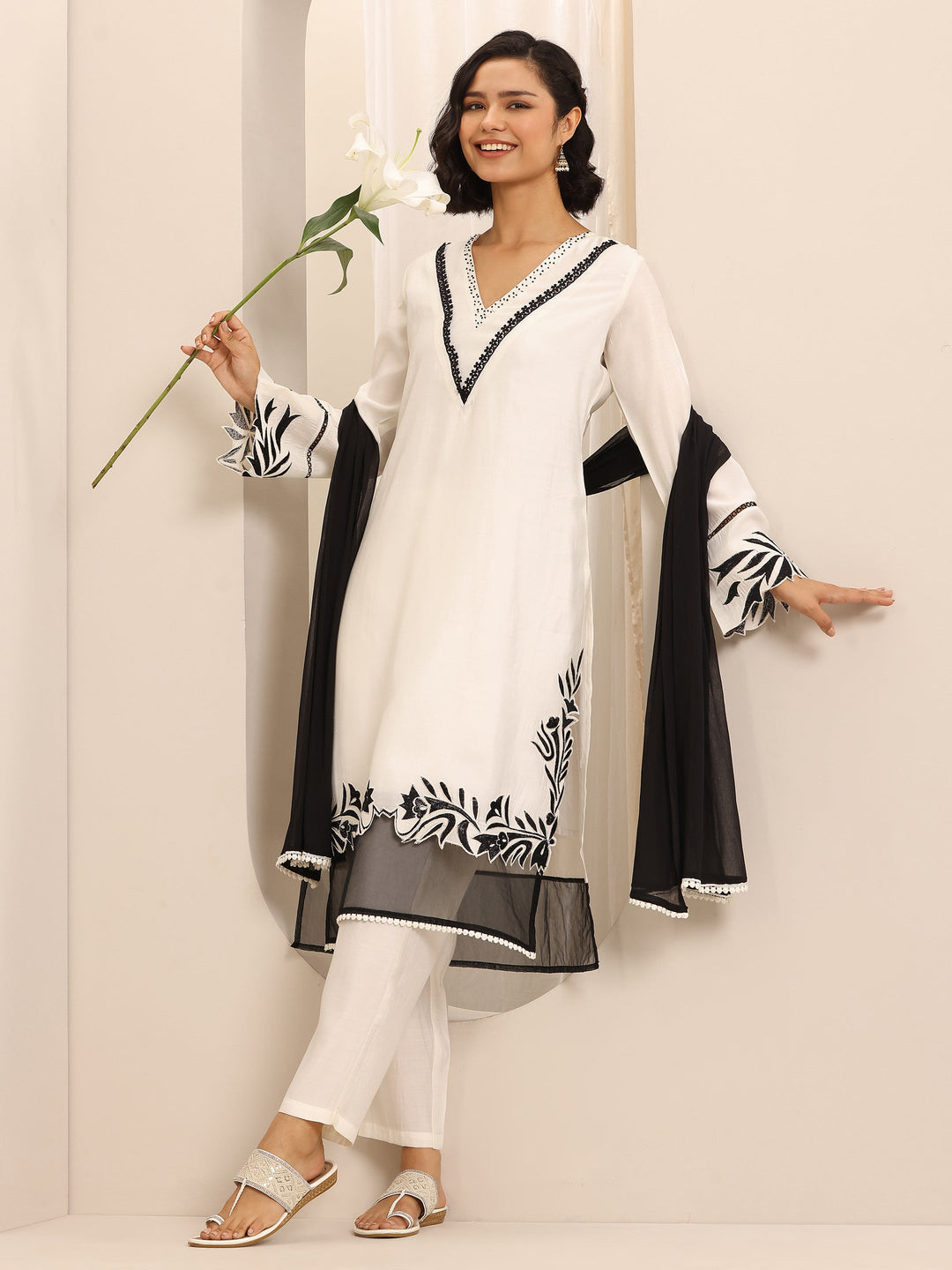 White Embroidered Silk Blend Straight Suit Set With Dupatta