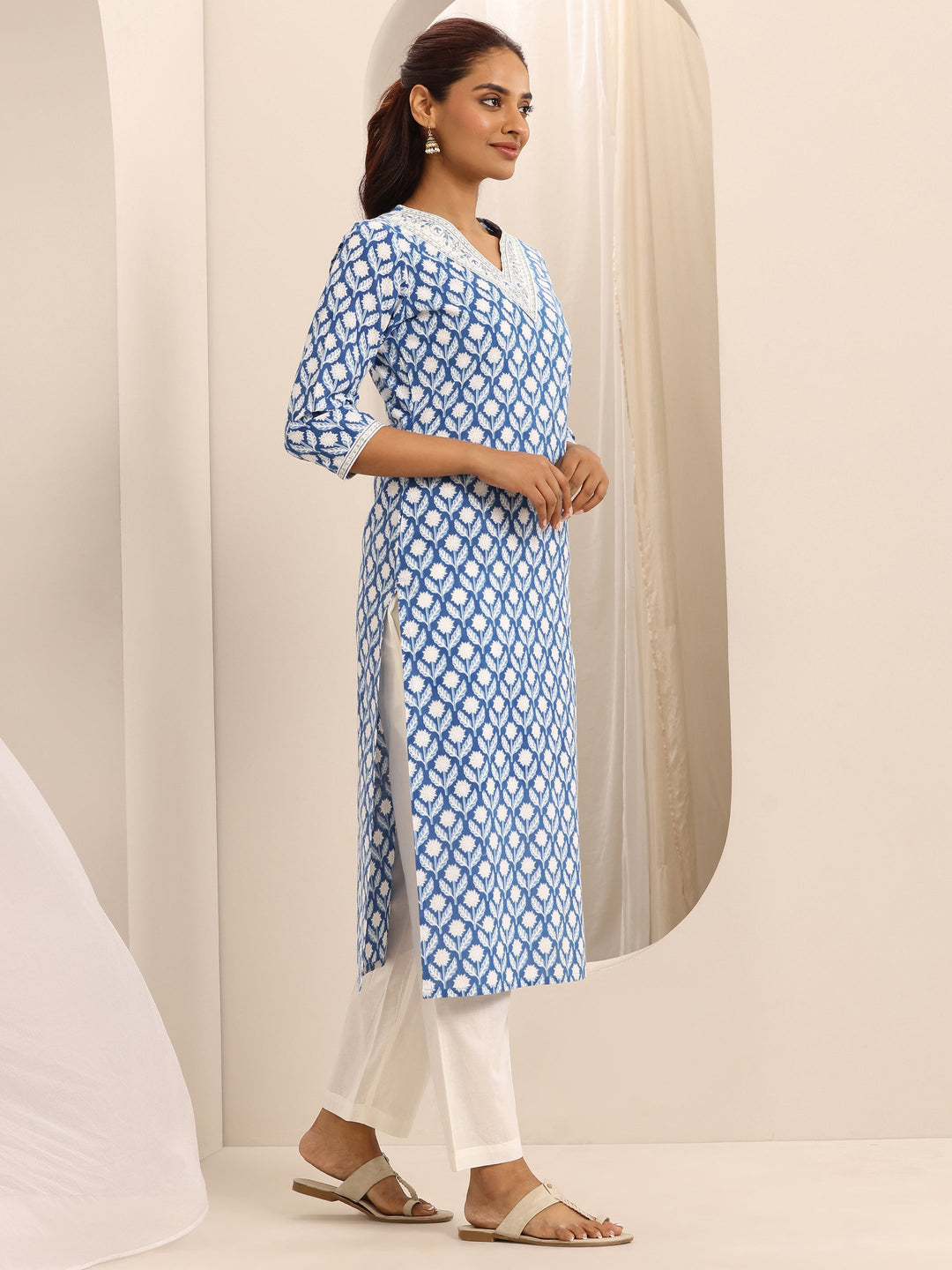 Blue Printed Cotton Blend Straight Suit Set With Dupatta
