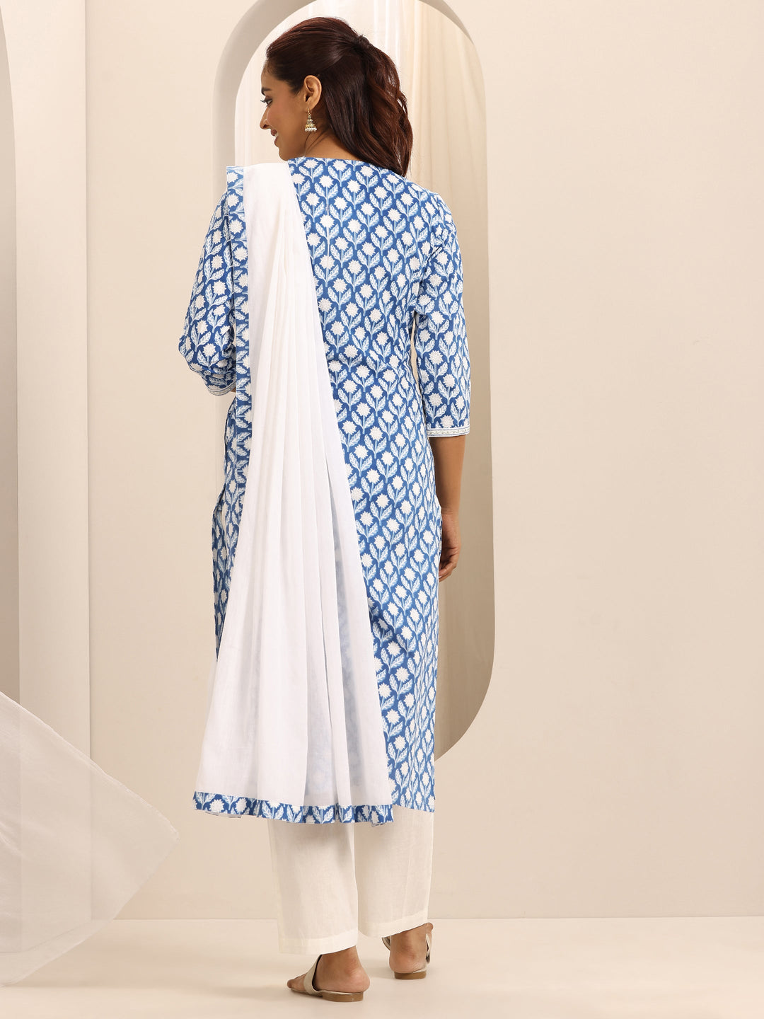 Blue Printed Cotton Blend Straight Suit Set With Dupatta