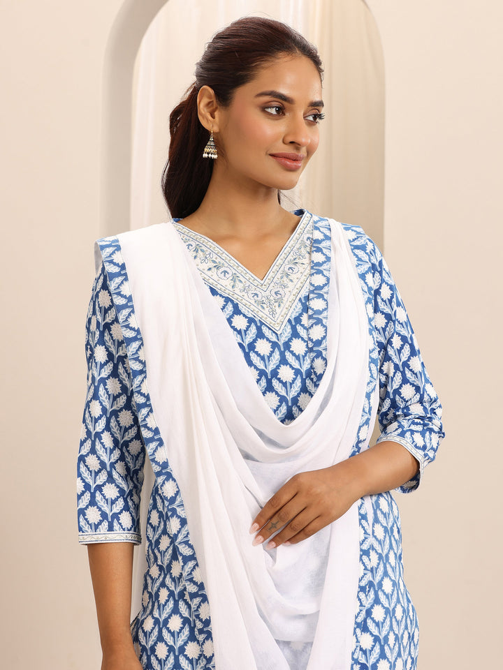 Blue Printed Cotton Blend Straight Suit Set With Dupatta