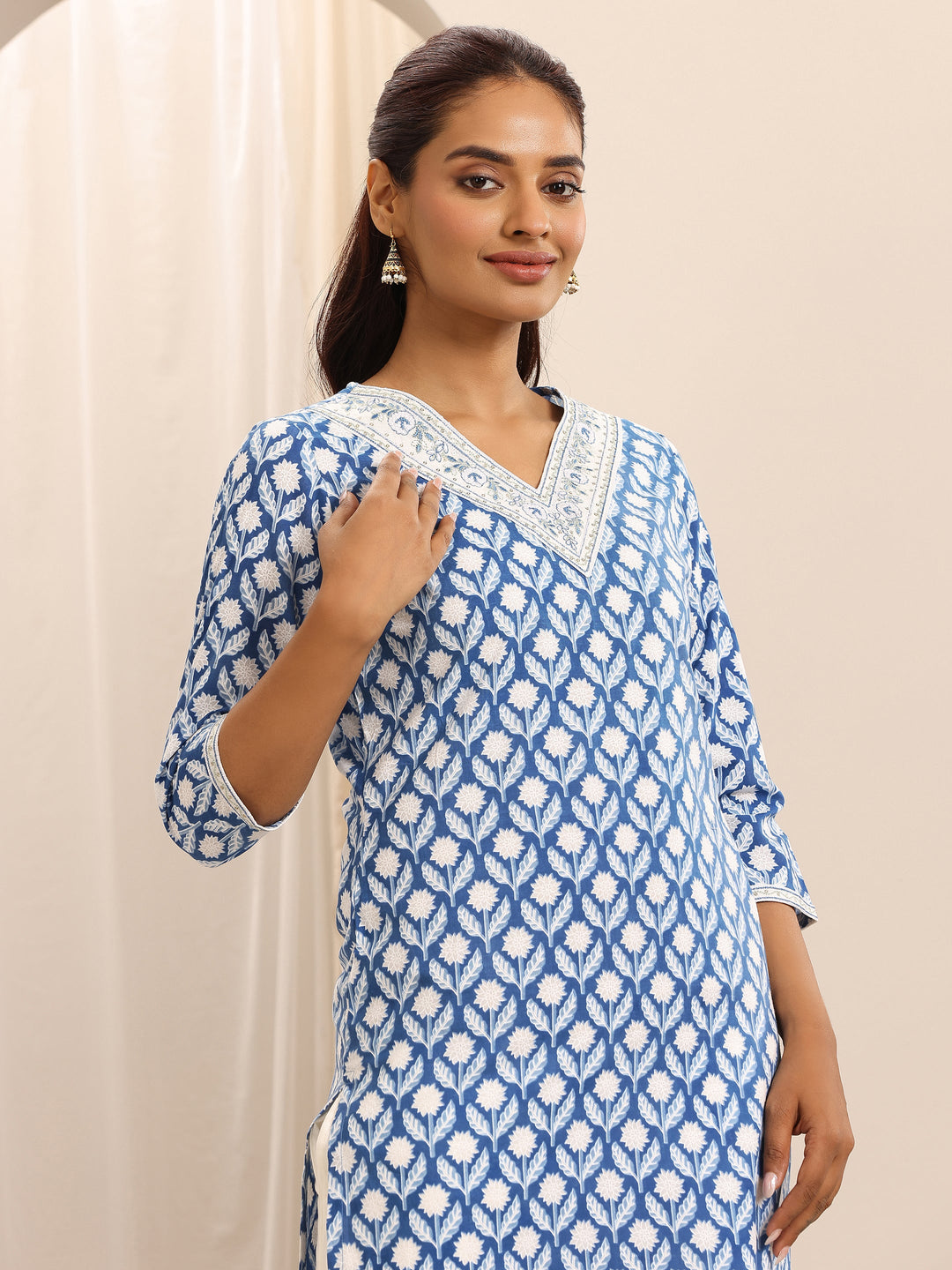 Blue Printed Cotton Blend Straight Suit Set With Dupatta