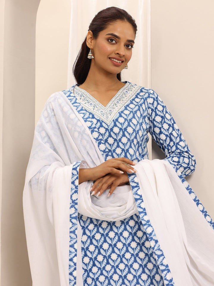 Blue Printed Cotton Blend Straight Suit Set With Dupatta