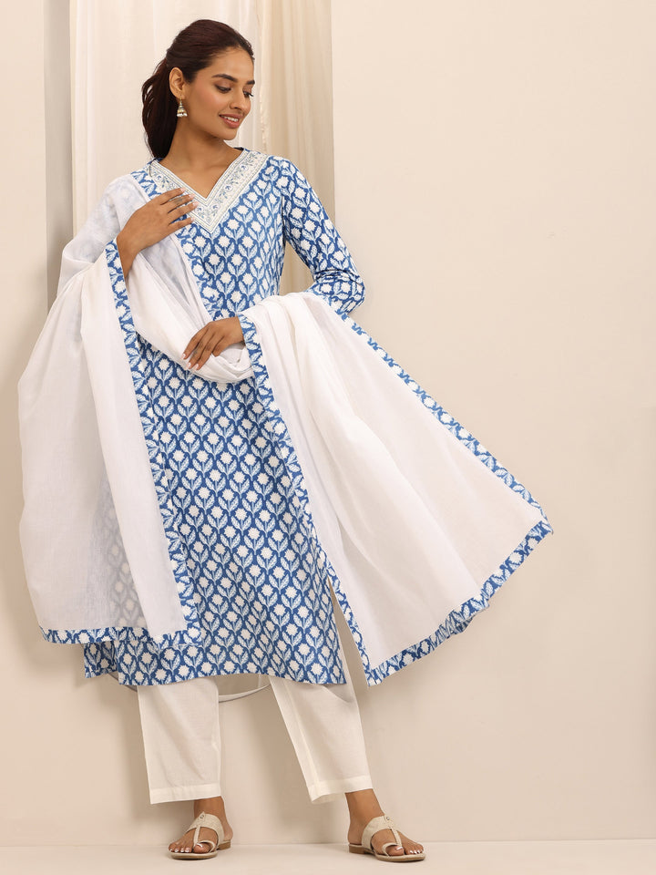 Blue Printed Cotton Blend Straight Suit Set With Dupatta