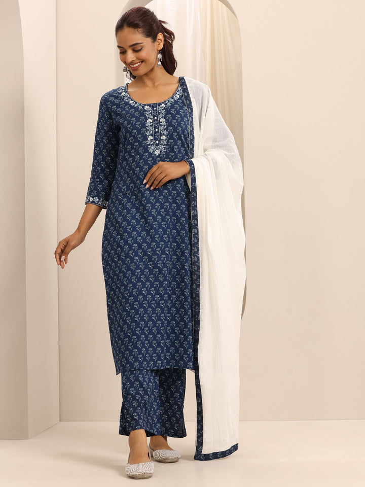 Blue Printed Cotton Blend Straight Suit Set With Dupatta