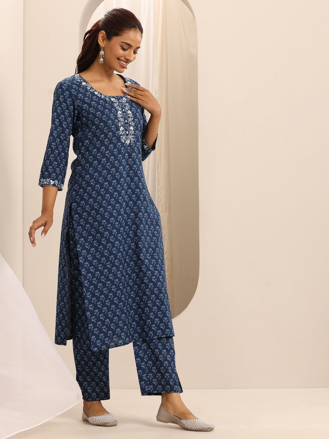 Blue Printed Cotton Blend Straight Suit Set With Dupatta