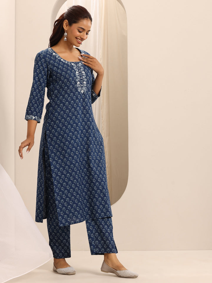 Blue Printed Cotton Blend Straight Suit Set With Dupatta