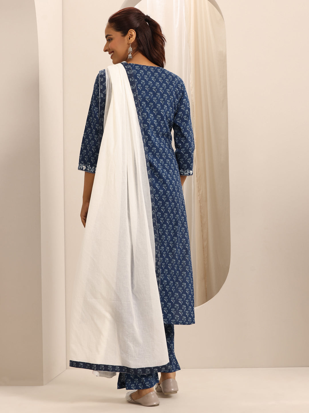 Blue Printed Cotton Blend Straight Suit Set With Dupatta