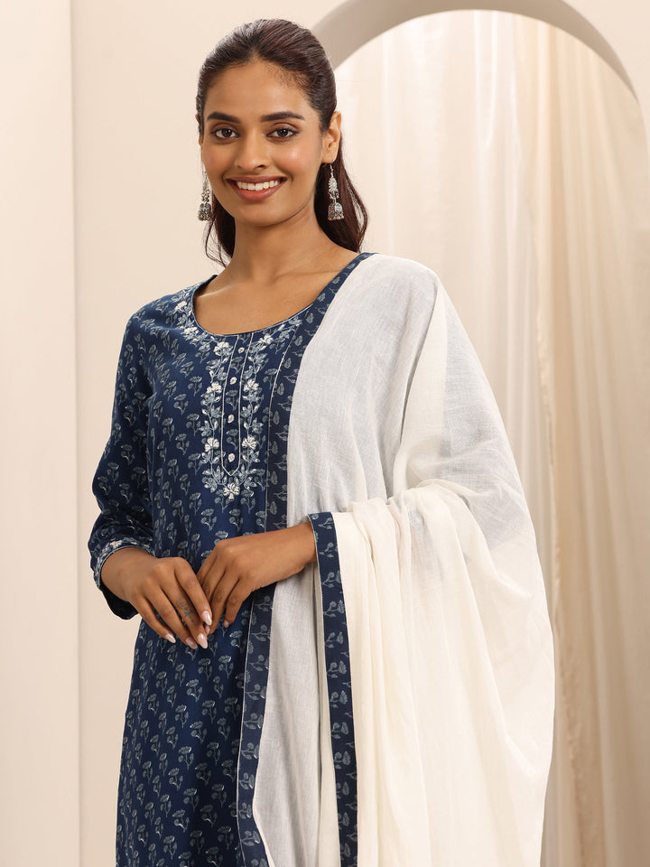 Blue Printed Cotton Blend Straight Suit Set With Dupatta
