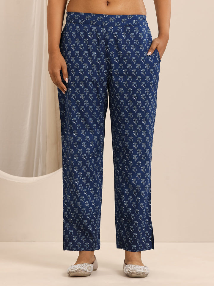 Blue Printed Cotton Blend Straight Suit Set With Dupatta