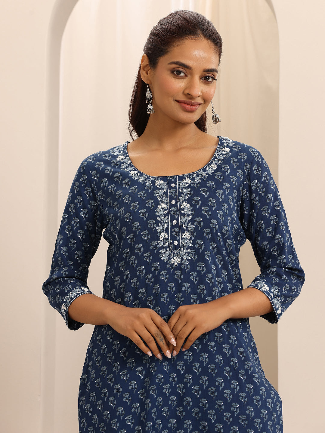 Blue Printed Cotton Blend Straight Suit Set With Dupatta