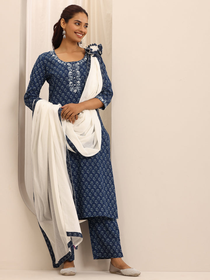 Blue Printed Cotton Blend Straight Suit Set With Dupatta