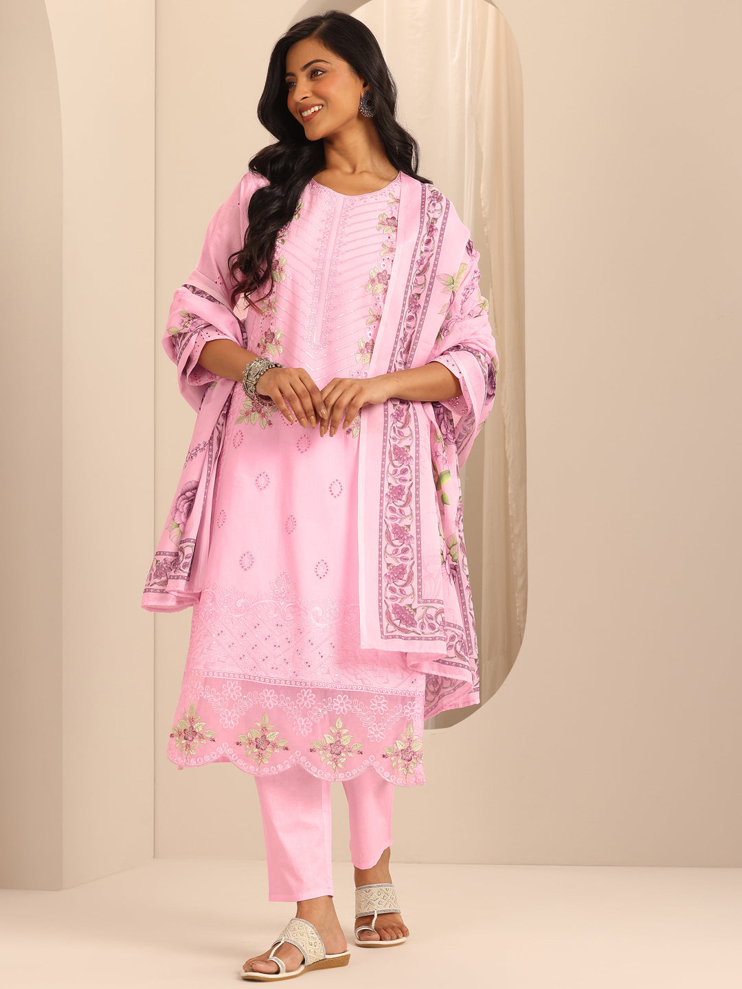 Pink Embroidered Cotton Straight Suit Set With Dupatta