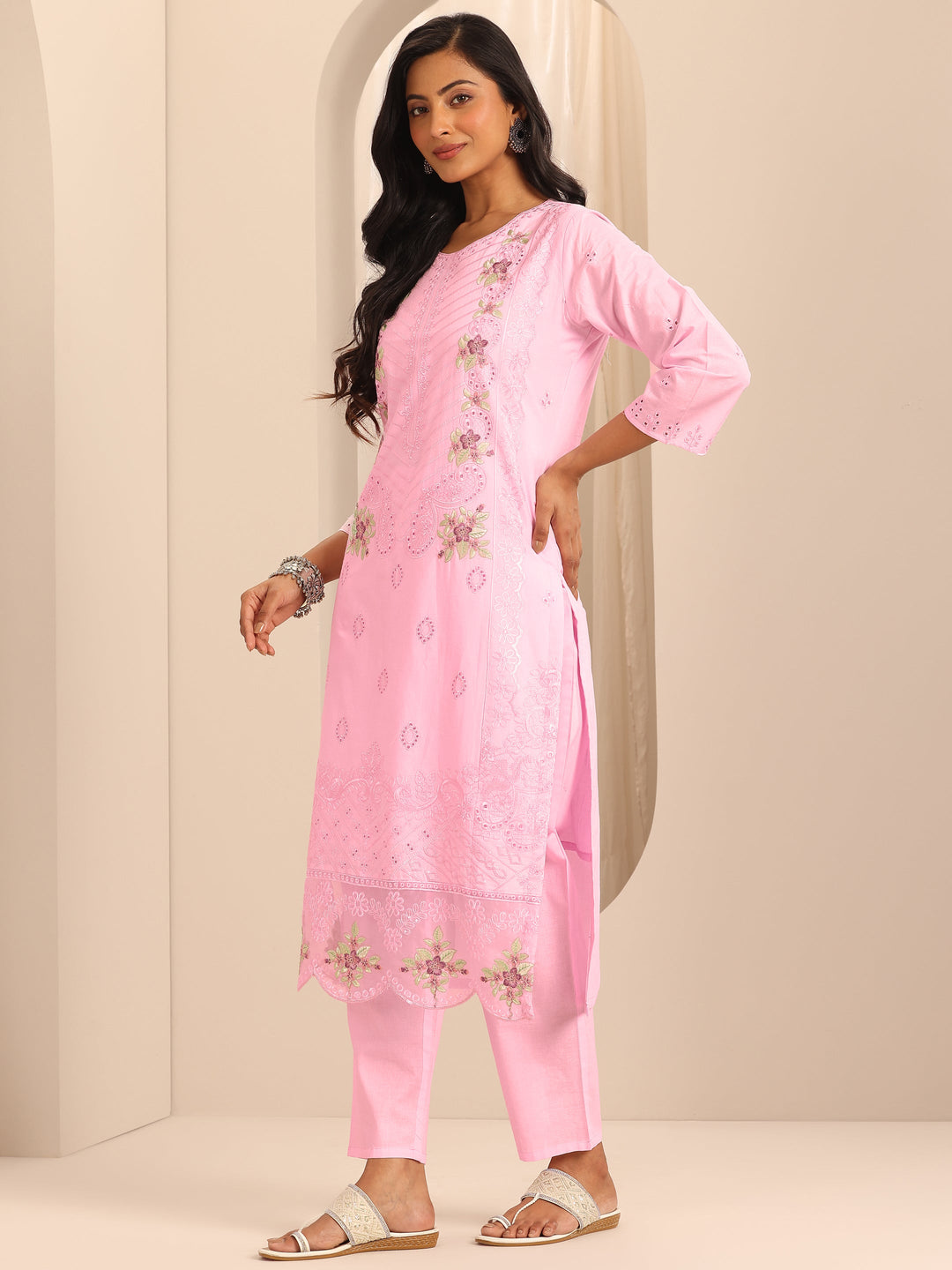Pink Embroidered Cotton Straight Suit Set With Dupatta