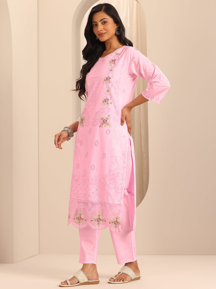 Pink Embroidered Cotton Straight Suit Set With Dupatta