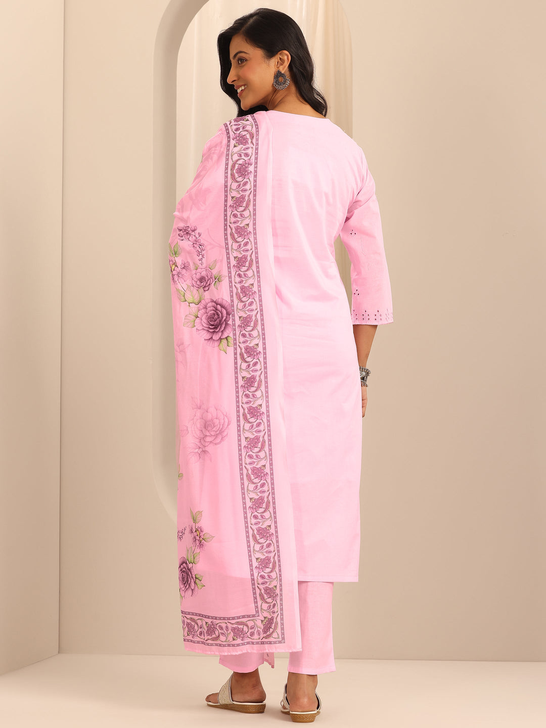 Pink Embroidered Cotton Straight Suit Set With Dupatta