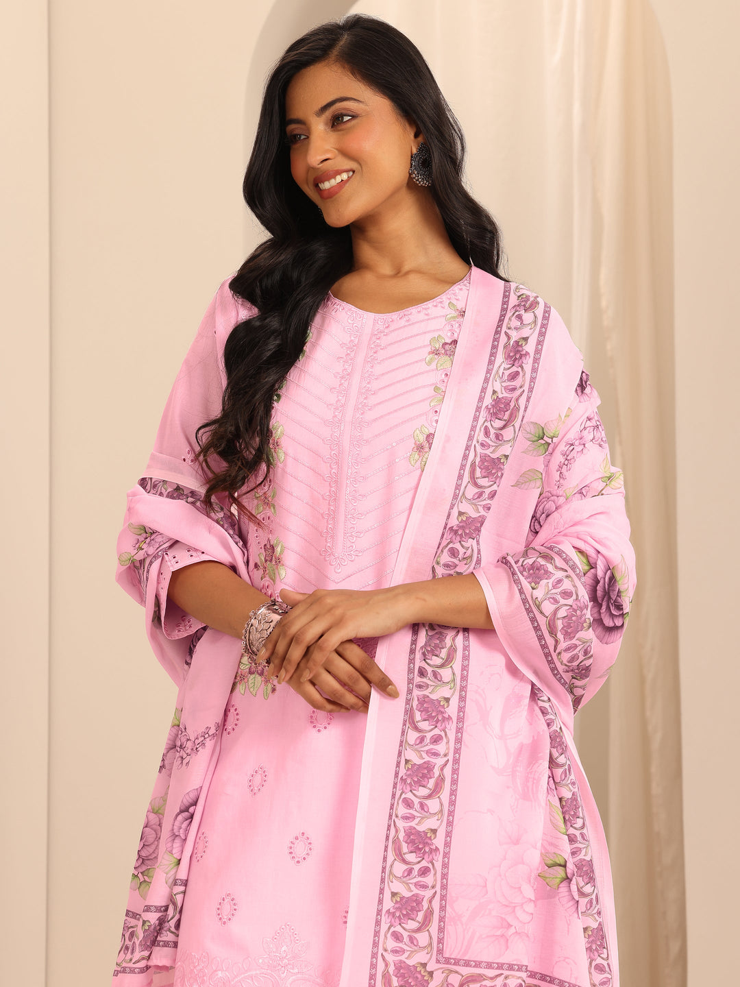 Pink Embroidered Cotton Straight Suit Set With Dupatta