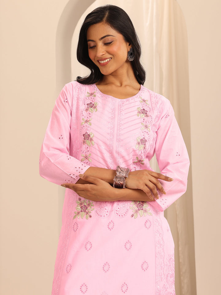 Pink Embroidered Cotton Straight Suit Set With Dupatta