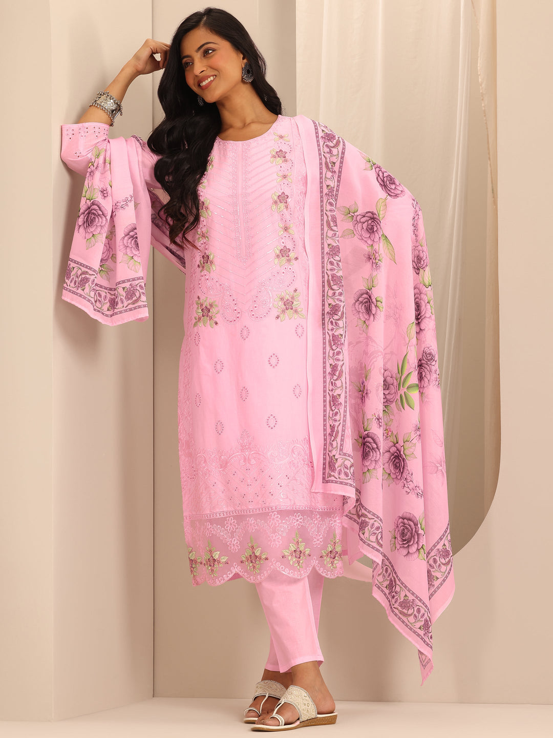 Pink Embroidered Cotton Straight Suit Set With Dupatta