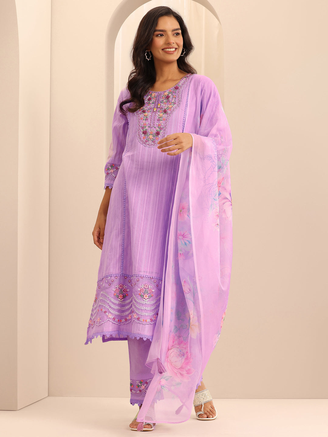 Lavender Embroidered Cotton Blend A-line Suit Set With Dupatta