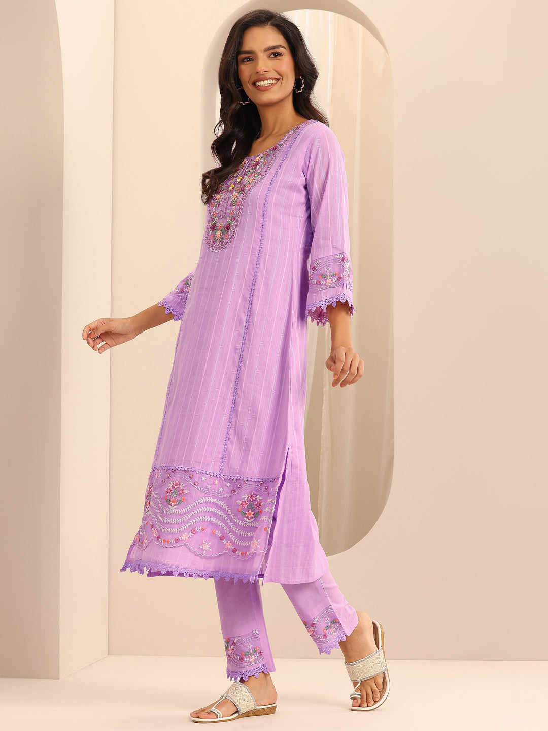 Lavender Embroidered Cotton Blend A-line Suit Set With Dupatta