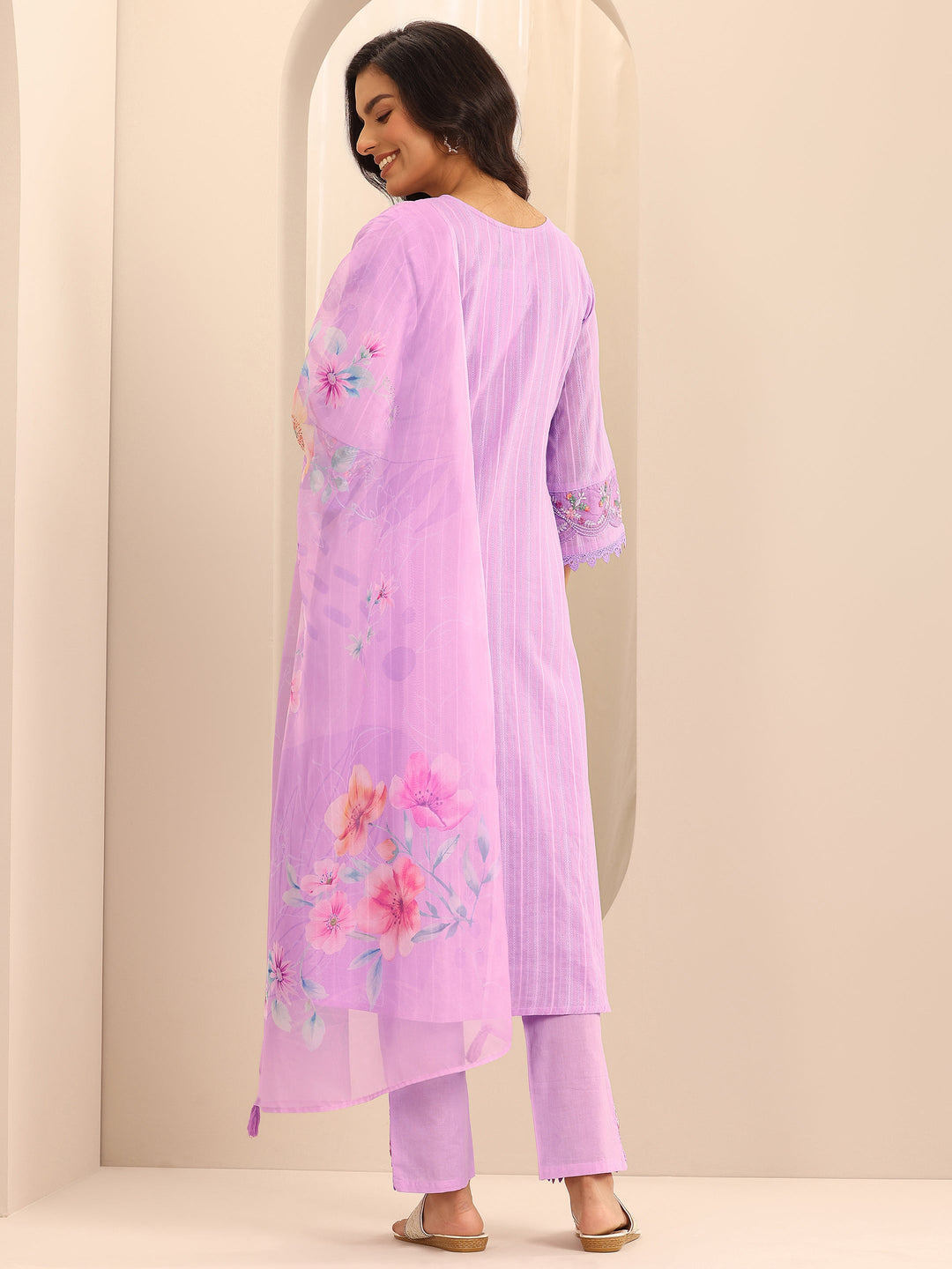 Lavender Embroidered Cotton Blend A-line Suit Set With Dupatta
