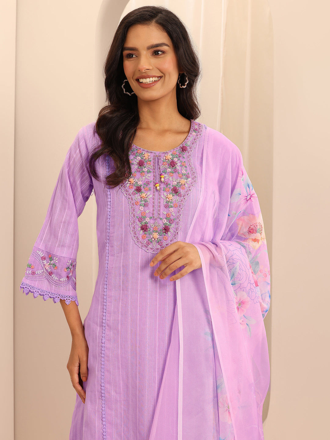 Lavender Embroidered Cotton Blend A-line Suit Set With Dupatta