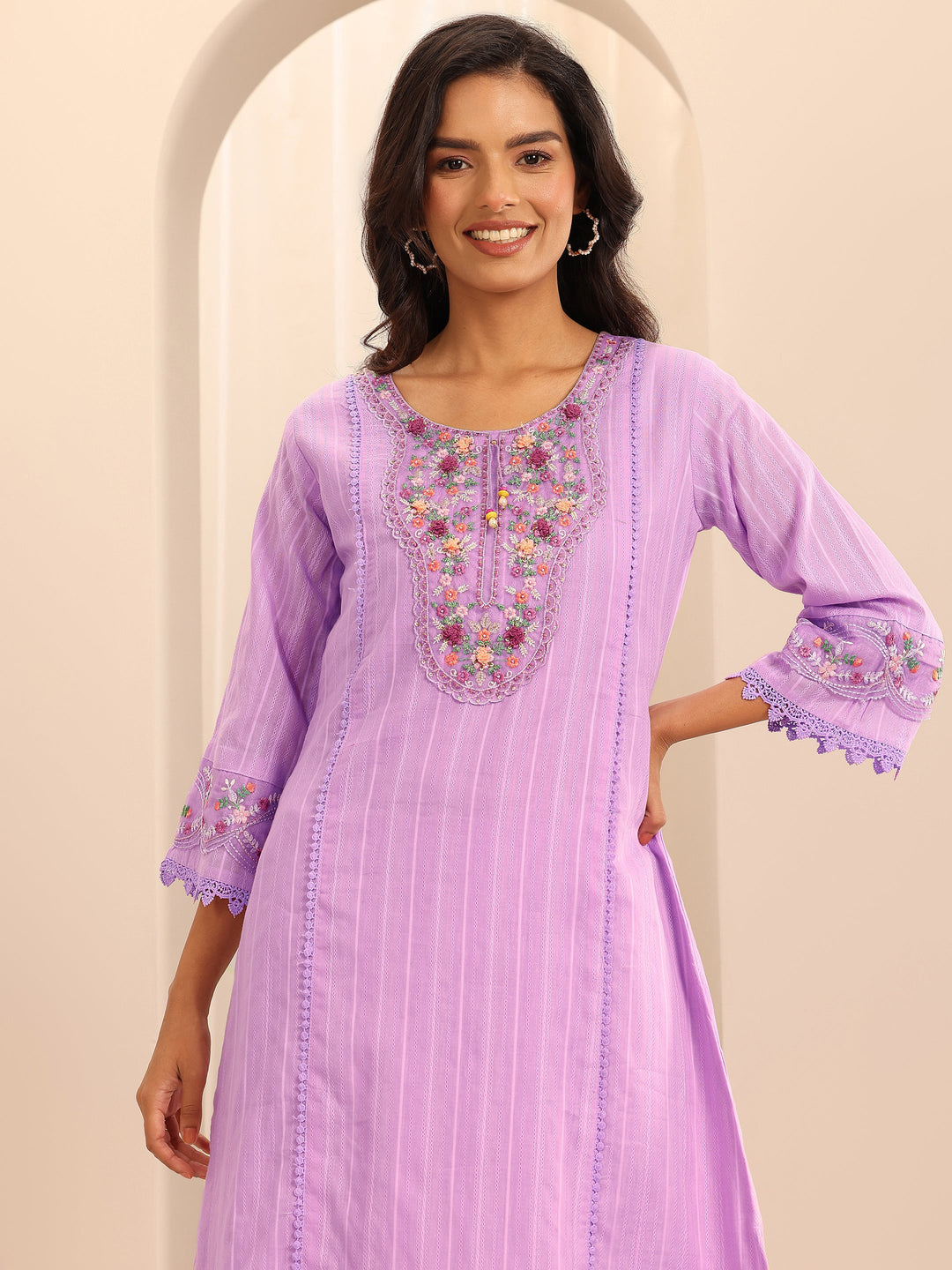 Lavender Embroidered Cotton Blend A-line Suit Set With Dupatta