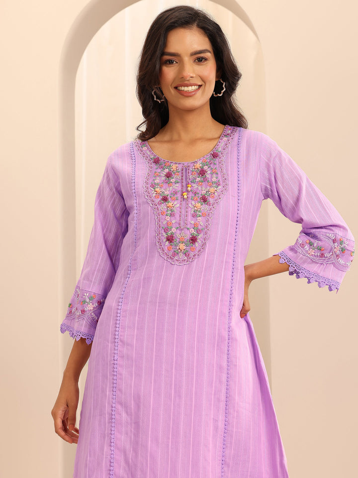 Lavender Embroidered Cotton Blend A-line Suit Set With Dupatta