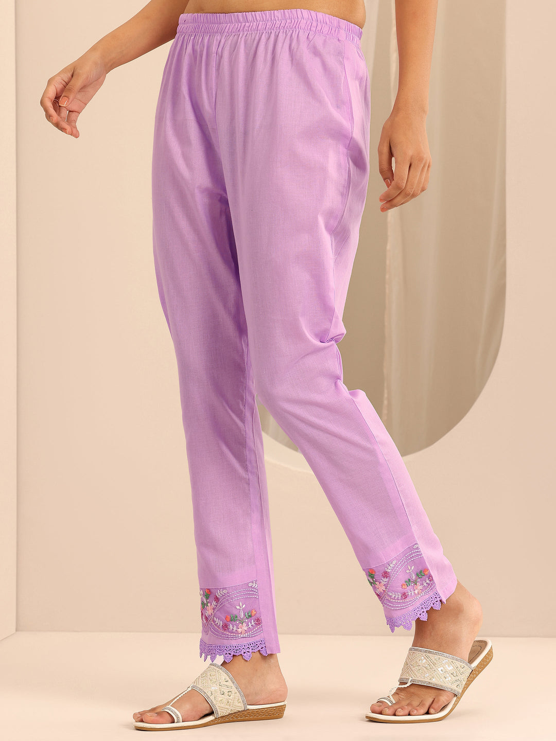 Lavender Embroidered Cotton Blend A-line Suit Set With Dupatta