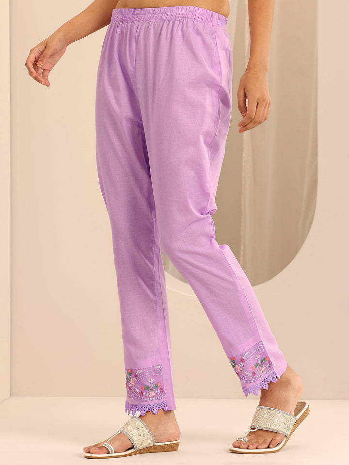 Lavender Embroidered Cotton Blend A-line Suit Set With Dupatta