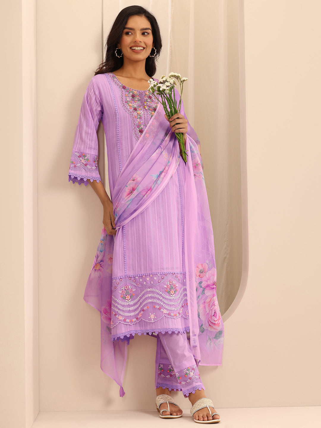 Lavender Embroidered Cotton Blend A-line Suit Set With Dupatta