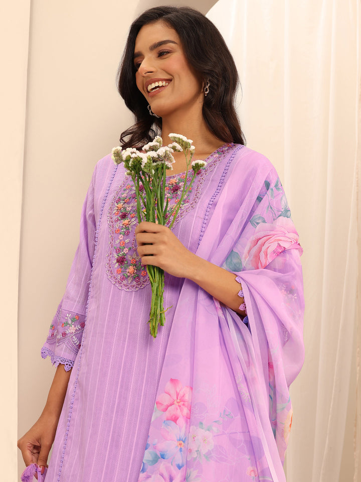 Lavender Embroidered Cotton Blend A-line Suit Set With Dupatta